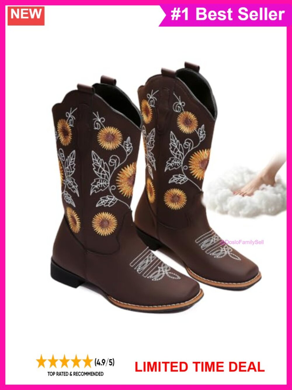 Western Cowgirl Boots Mid-Calf Faux Leather Square Toe Women